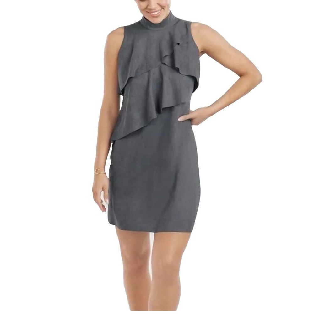 Mudpie M Stonewash‎ Faux Suede Charlie Dress Mock Neck Sleeveless Ruffled Layers